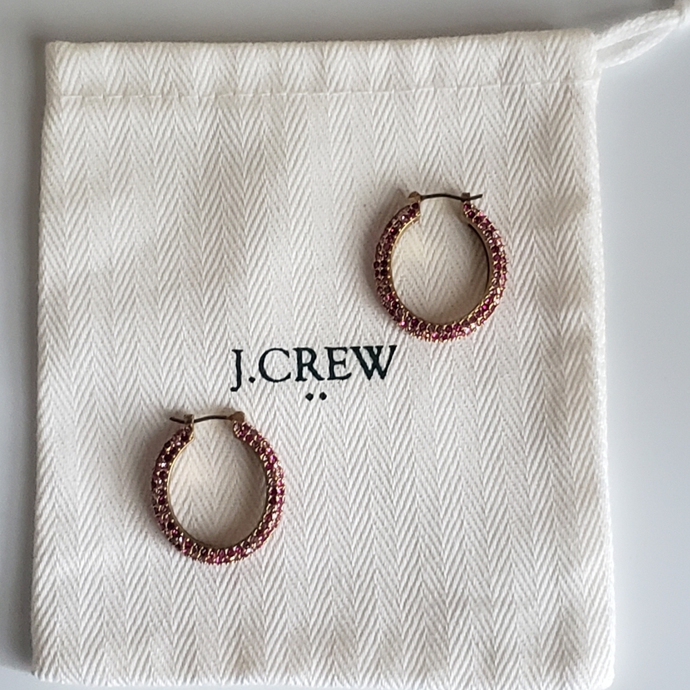 J Crew Pink/Red Crystal Pave Hoop Earrings